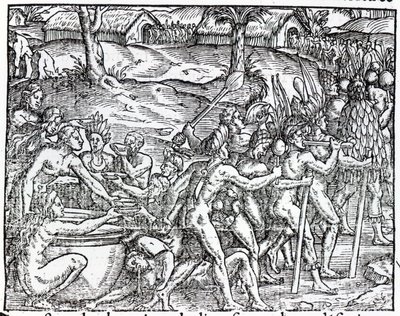 Procession of natives drinking and smoking, engraved by Theodor de Bry by Jacques Le Moyne